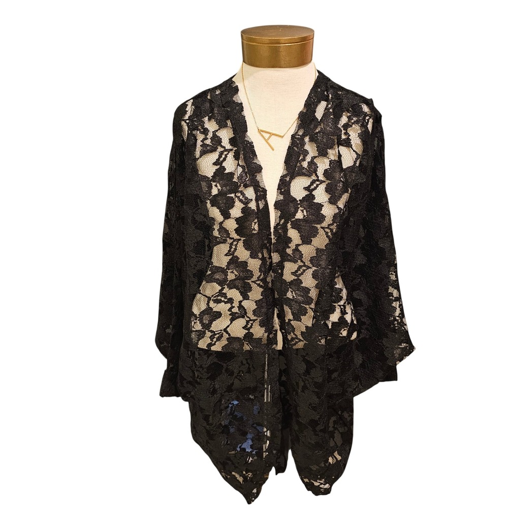 Democracy Womens Black Floral Lace Kimono open Cardigan Dolman Sleeve Goth M